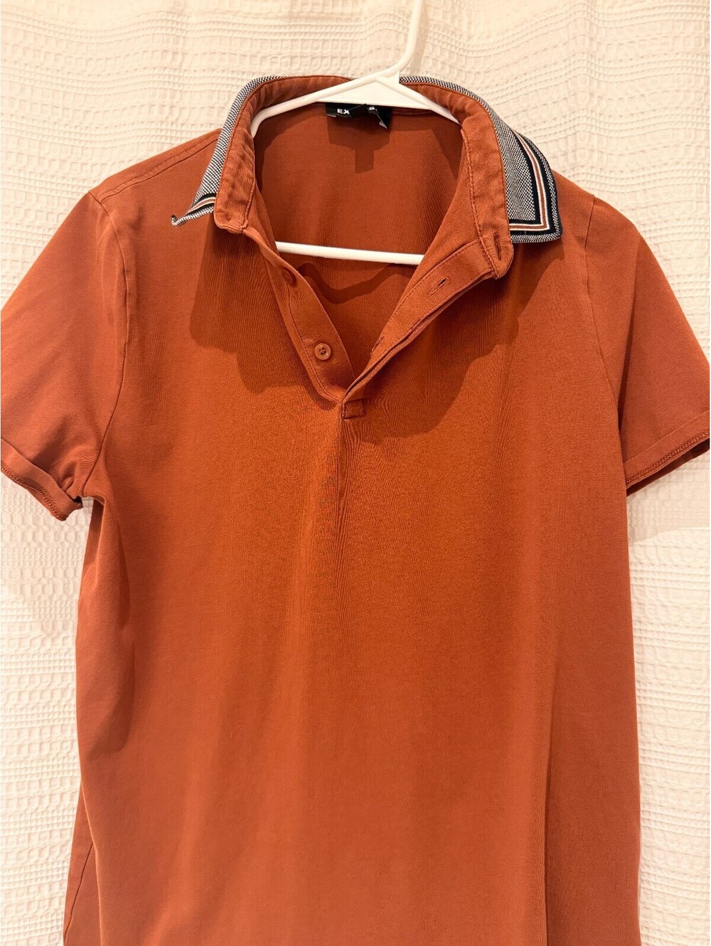 Express Polo Shirt, Rust, Striped Collar, Size M